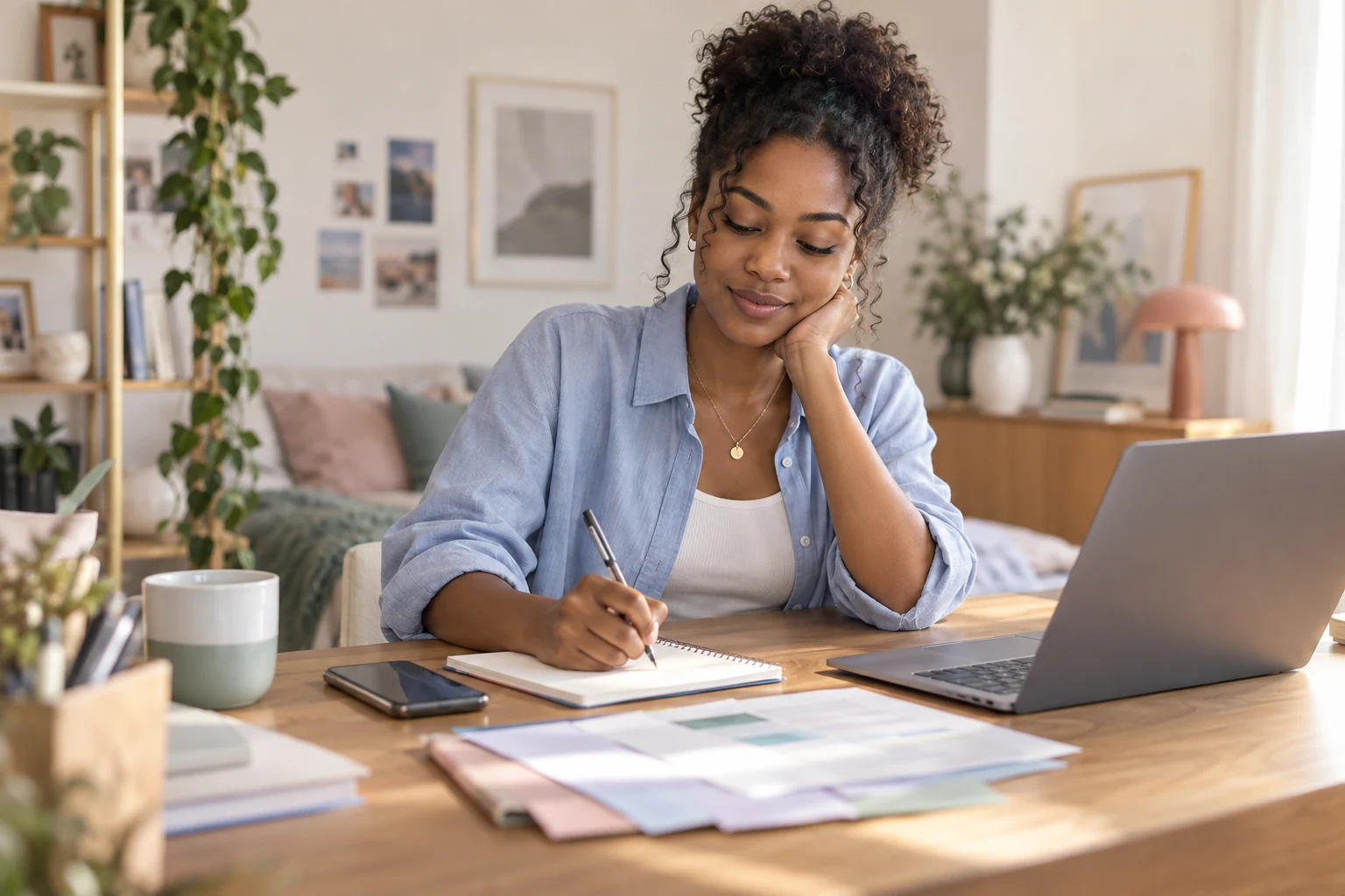 Une jeune femme prend des notes à son bureau, à côté de son ordinateur portable.