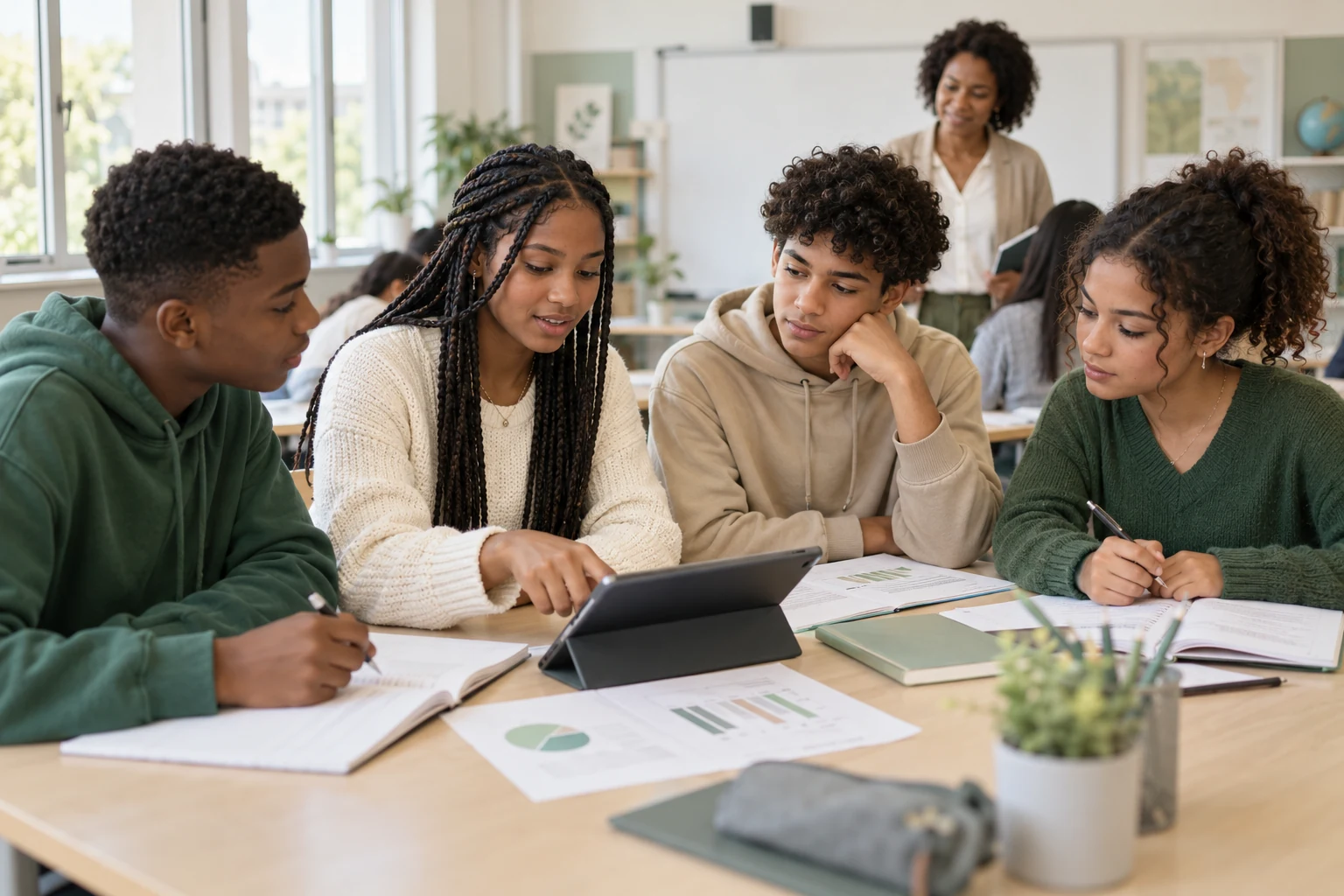 Des élèves travaillent ensemble autour d'une tablette en classe, accompagnés par leur enseignante.