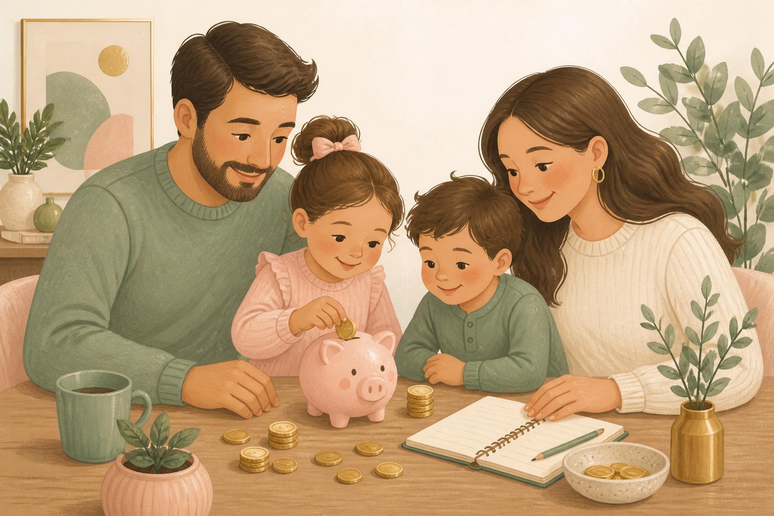Des parents et leurs deux enfants apprennent ensemble à gérer l'argent autour d'une tirelire et d'un carnet